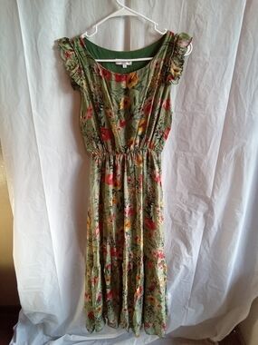 Le Raganne Olive Green Floral Maxi Dress with Ruffle Cap Sleeves SM